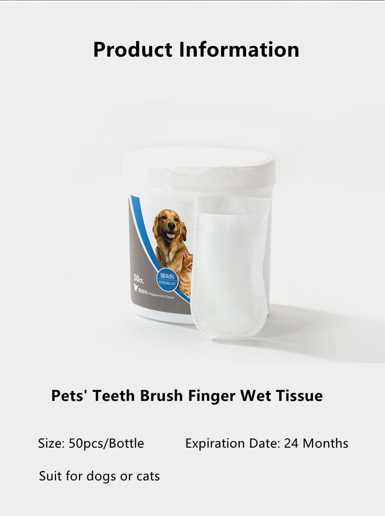 50pcs Cats Dogs Teeth Cleaning Finger Wet Tissue Pet Tooth Tartar Care Oral Health Care Tools Dogs Cats Cleaning Pet Supplies