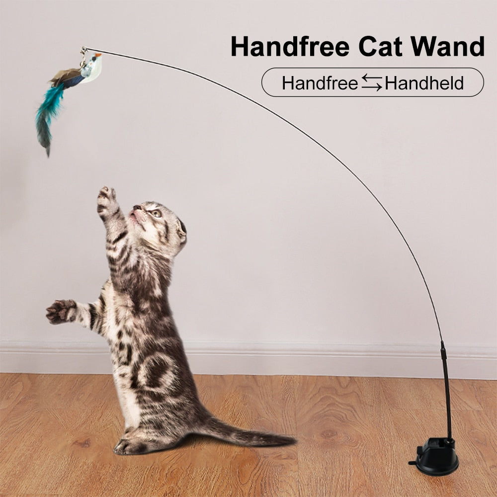 Handfree Bird/Feather Cat Wand with Bell Powerful Suction Cup Interactive Toys for Cats Kitten Hunting Exercise Pet Products